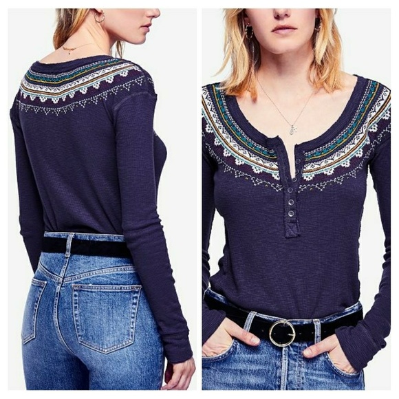 Free People Fair Isla Embroidered  Thermal Henley - Picture 4 of 6